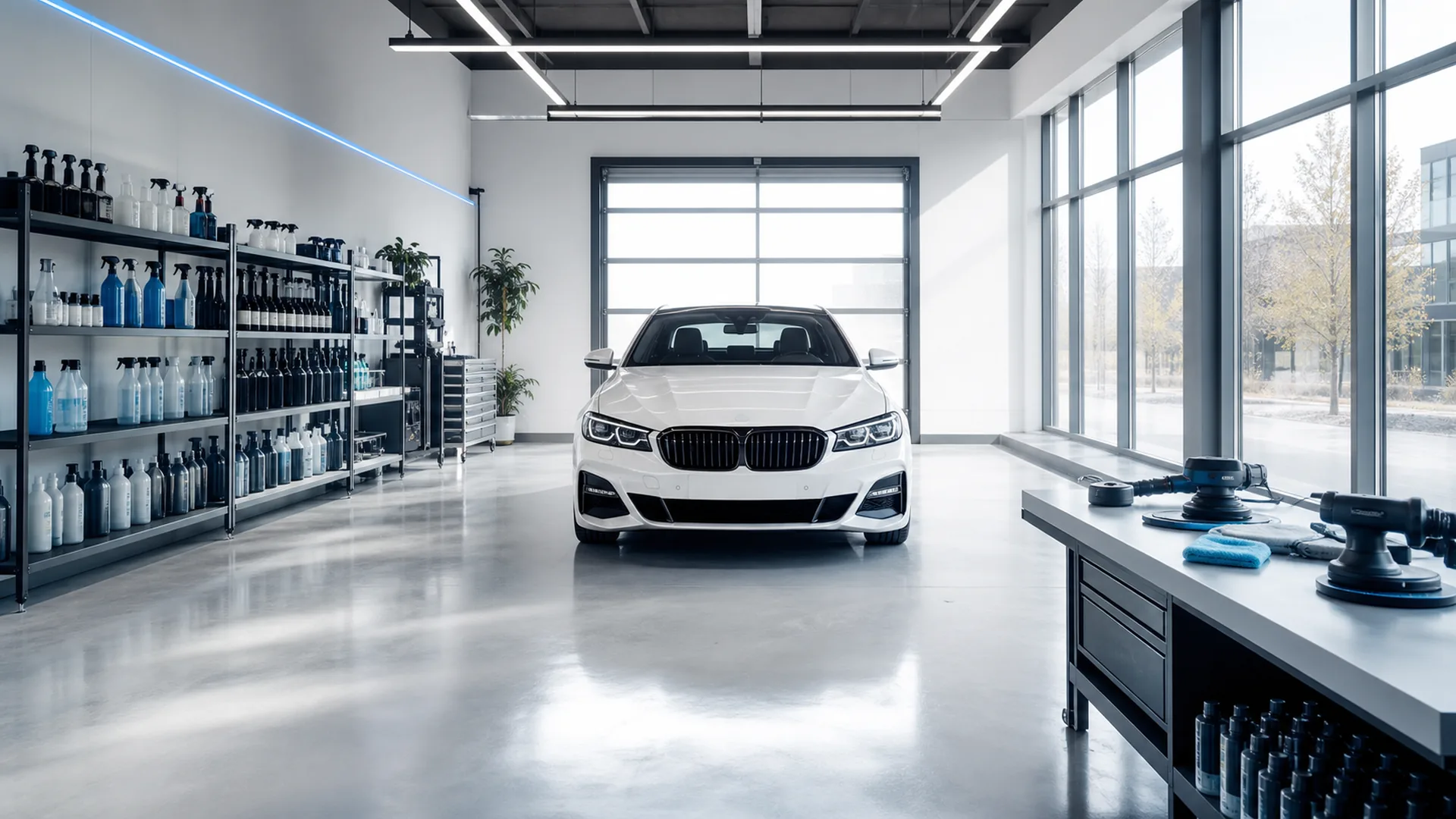 Aufbereitungsstudio mit poliertem Betonboden und Fahrzeug unter LED-Licht